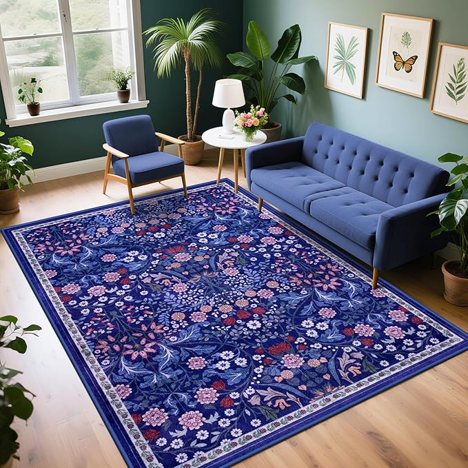 6x9 Area Rugs for Living Room: Floral Washable Rug Vintage Large Soft Boho Non-Slip Carpet Indoor Floor Stain Resistant Thin Carpets for Bedroom Dining Room Farmhouse Nursery Hallway Home Office Blue-CubbioJoy