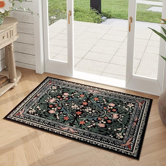 Door Mat Indoor Entrance 2x3 Rug Machine Washable Vintage Floral Botanical Small Area Rug Non-Slip Low Pile Throw Rugs for Entryway, Kitchen, Front Door Entrance, Entry, Kids Room, Black-CubbioJoy