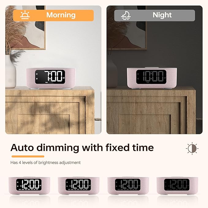 JALL Fabric Alarm Clock for Bedroom, with Big Led Screen Display, Bluetooth Stereo Sound Speaker, FM Radio, Fast Wireless Charging, USB Charging Port, Nightlight, White Noise, Ideal for Gift, Pink-CubbioJoy