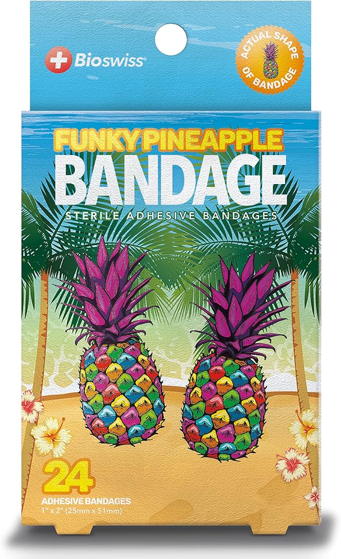 BioSwiss Bandages, Funky Pineapple Shaped Self Adhesive Bandage, Latex Free Sterile Wound Care, Fun First Aid Kit Supplies for Kids, 24 Count-CubbioJoy