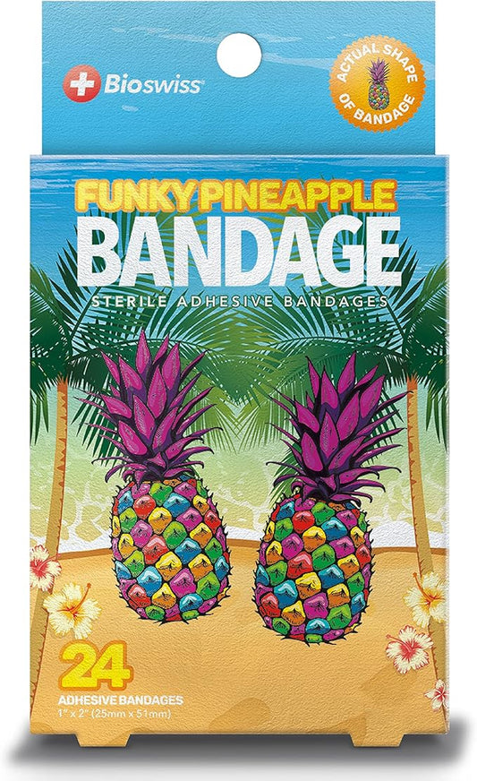BioSwiss Bandages, Funky Pineapple Shaped Self Adhesive Bandage, Latex Free Sterile Wound Care, Fun First Aid Kit Supplies for Kids, 24 Count-CubbioJoy