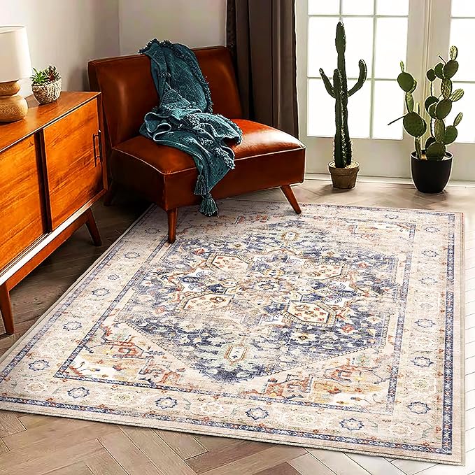 3'x5' Blue Khaki Vintage Washable Thin Area Rug Traditional Floor Cover Foldable Indoor Distressed Non Slip Carpet Floral Print Mat for Bedroom Living Room Bathroom-CubbioJoy