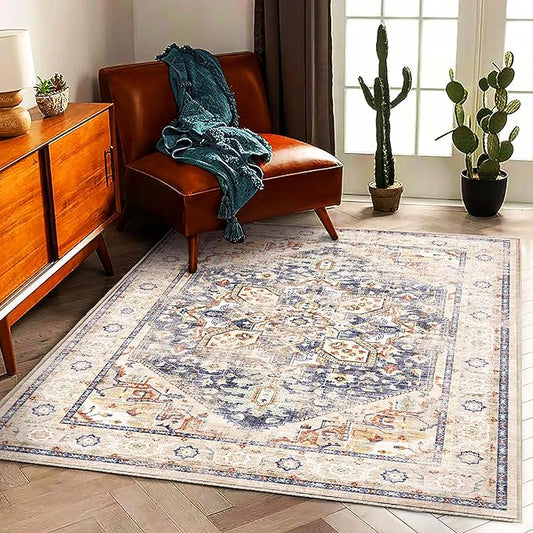 3'x5' Blue Khaki Vintage Washable Thin Area Rug Traditional Floor Cover Foldable Indoor Distressed Non Slip Carpet Floral Print Mat for Bedroom Living Room Bathroom-CubbioJoy