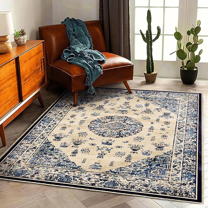 Area Rug 6'x9' Washable Vintage Traditional Floor Cover Thin Retro Kitchen Indoor Distressed Non Slip Carpet for Living Room Bedroom Dining Room-CubbioJoy