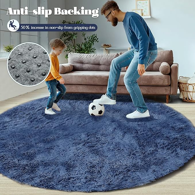 4FT Round Rug for Bedroom: Fluffy Shag Soft Washable Rugs Circle Small Fuzzy Plush Indoor Carpet for Living Room Nursery Playroom Dorm Kids Girls Boys Room (Navy Blue, 4'x4')-CubbioJoy