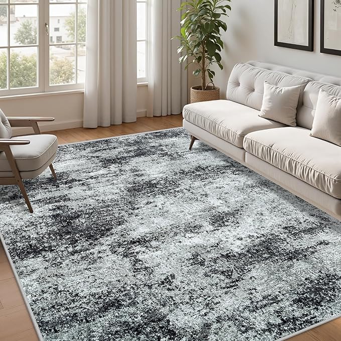 Area Rug Living Room Rugs: 5x7 Abstract Washable Rugs Ultra Soft Carpets with Non-Slip Backing Stain Resistant Carpet for Dining Room Table Bedroom Nursery Indoor Home Office Dark Black/Gray-CubbioJoy