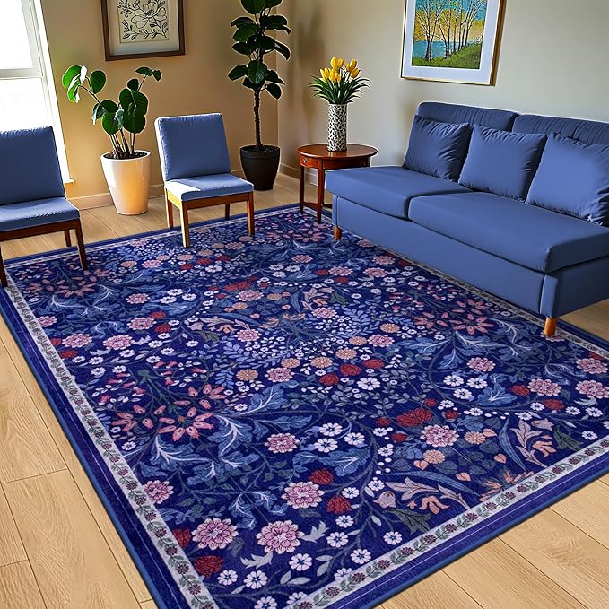 Area Rugs 9x12 Living Room: Floral Washable Rug Vintage Large Soft Boho Non-Slip Carpet Indoor Floor Stain Resistant Low Pile Carpets for Bedroom Dining Room Farmhouse Nursery Home Office Blue-CubbioJoy
