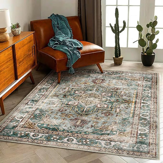 3'x5' Vintage Washable Thin Green Area Rug Tangerine Traditional Floor Cover Foldable Indoor Distressed Non Slip Carpet Floral Print Mat Bedroom Living Room Bathroom-CubbioJoy