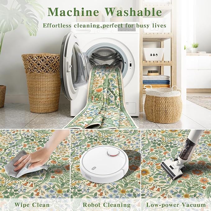 2x6 Washable Runner Rug,Grass Green Floral Boho Area Rug for Hallway,Low-Pile Non-Slip Stain Resistant Carpet for Kitchen, Bedside,Laundry Room,Entryway-CubbioJoy