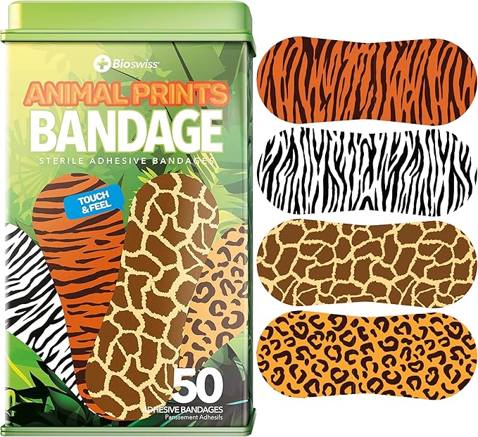 BioSwiss Bandages, Animal Print Shaped Self Adhesive Bandage, Latex Free Sterile Wound Care, 50 Count-CubbioJoy
