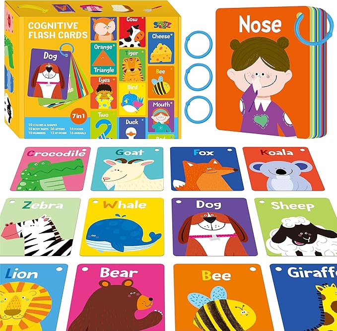 50 PCS Kid First Cognitive Flashcards,Double Sided Printed 7 in 1 Colorful Cards Alphabet,Numbers, Foods,Animals,Shapes,Colors with 3 Reclosable Rings,Learning Tool for Pre-K Kindergarten Toddlers-CubbioJoy