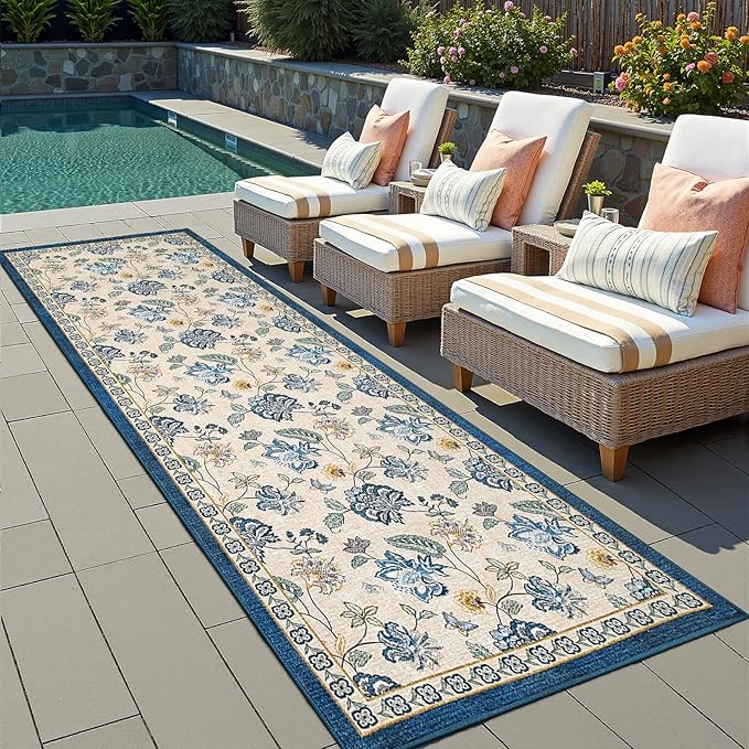 jinchan 3x10 Floral Runner Rug for Hallway Washable Kitchen Runner Vintage Romance Design Non Slip Thin Indoor Floor Cover Low-Profile Throw Carpet for Entryway Bathroom Bedroom Porch, Blue/Beige-CubbioJoy