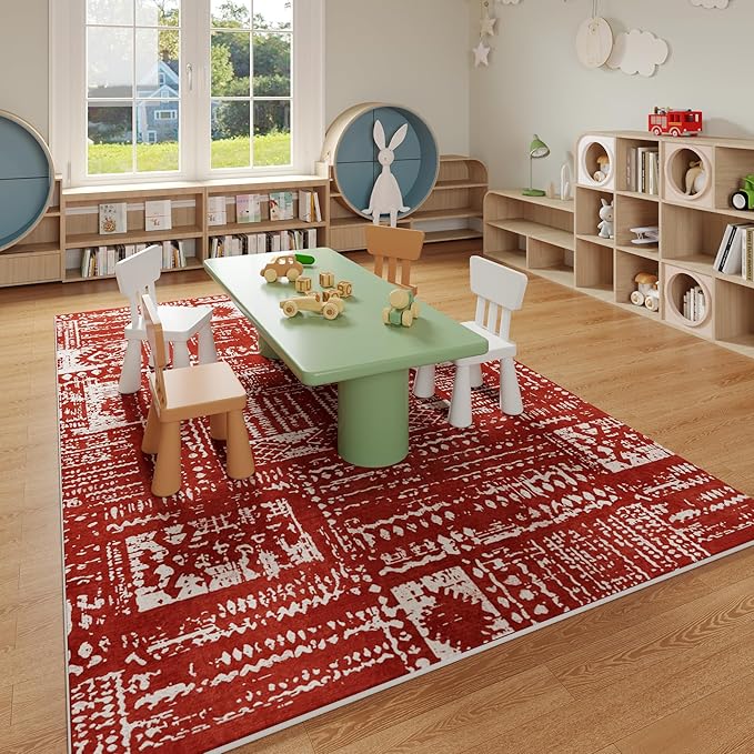 Area Rugs 8x10 Rug for Living Room Clearance Washable Boho Area Rug Non Slip Moroccan Vintage Low Pile Large Rug for Living Room, Bedroom, Farmhouse, Dining Room, Kids Playroom(Terracotta)-CubbioJoy