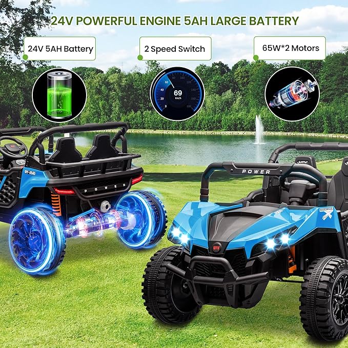 24V 2 Seater Ride On Car Truck, Power Wheels Kids UTV w/Parent Remote Control, 3.1 MPH Max Speed, Music Player, LED Lights & Storage, Electric Vehicle Ride On Toy for Kids Toddler Ages 3-8, Blue-CubbioJoy