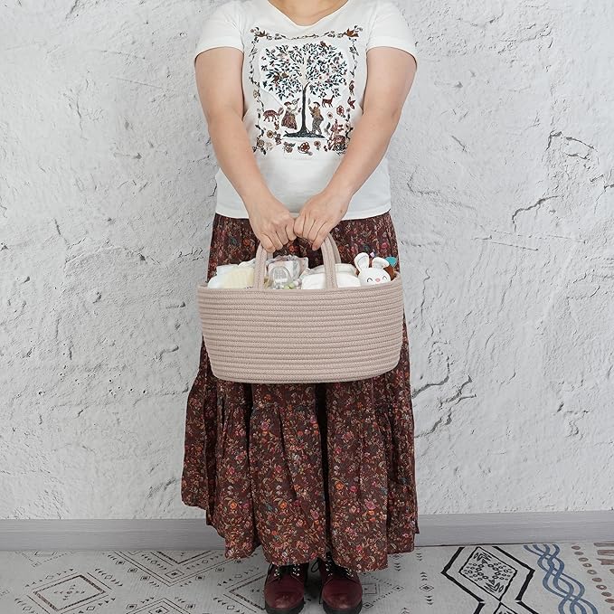 Diaper Caddy Organizer Cotton Rope Baby Basket Nursery Storage and Portable Tote Bag for Car Ideal Baby Shower Gifts and Registry Must-Have for Newborn Essentials light konjak-CubbioJoy