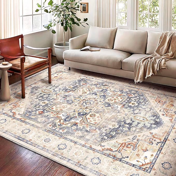 Area Rug 6'x9' Blue Khaki Washable Vintage Traditional Floor Cover Thin Retro Kitchen Indoor Distressed Non Slip Carpet Floral for Living Room Bedroom Dining Room-CubbioJoy