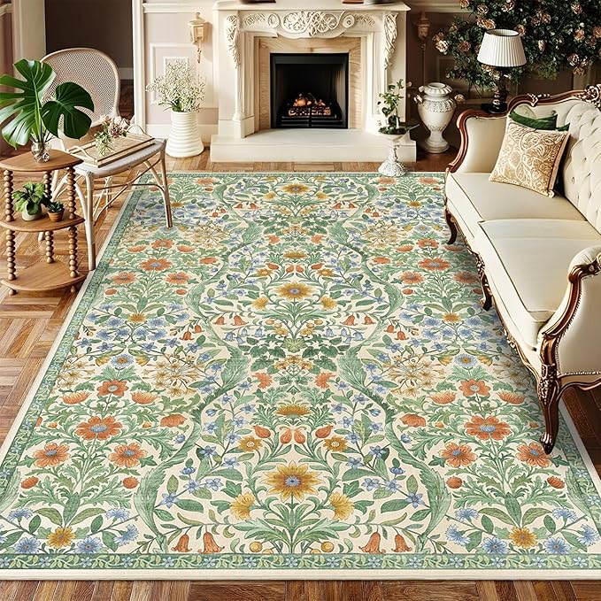 5×7 Grass Green Washable Floral Area Rug,Vintage Boho Soft Low-Pile Living Room Rugs, Stain Resistant Botanical Non-Slip Carpet for Bedroom,Dining Room, Kids Nursery,Home Decor-CubbioJoy