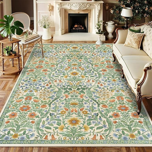 5×7 Grass Green Washable Floral Area Rug,Vintage Boho Soft Low-Pile Living Room Rugs, Stain Resistant Botanical Non-Slip Carpet for Bedroom,Dining Room, Kids Nursery,Home Decor-CubbioJoy