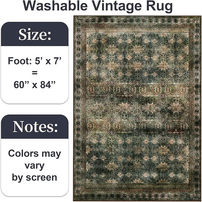 5x7 Washable Area Rug for Living Room Rustic, Non Slip Vintage Floral Bedroom Rugs Retro, Traditional Indoor Floor Carpet for Dining Room, Farmhouse, Office Classroom(Dark Green/Brown/Multi)-CubbioJoy