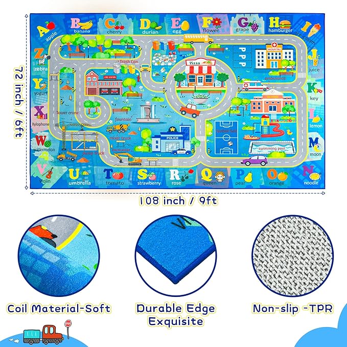 Chicrug 6x9 Car Road Area Rug for Kids Playroom Bedroom, Non Slip Low Pile Washable ABC Alphabet Carpet for Classroom, City Track Play Mat for Toddler Children Nursery Baby Room Decor, Blue-CubbioJoy