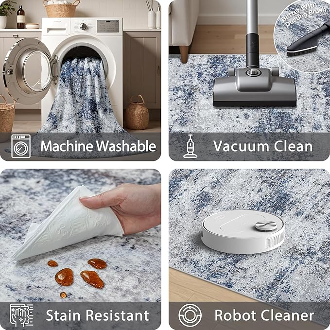 Area Rug Living Room Rugs: 5x7 Abstract Washable Rugs Ultra Soft Carpets with Non-Slip Backing Stain Resistant Carpet for Dining Room Table Bedroom Nursery Indoor Home Office Blue/Gray/Black-CubbioJoy