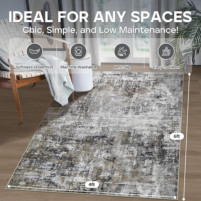 4x6 Area Rugs for Living Room Rug Washable: Modern Large Rug for Dining Room Bedroom Carpet Non Slip Low Pile 4 by 6 Indoor Abstract Nursery Home Office Black Gold-CubbioJoy