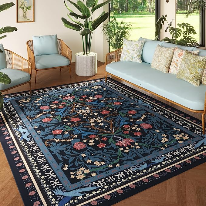 Area Rugs 8x10 for Living Room Clearance Washable Vintage Floral Botanical Rug Non Slip Low Pile Large Rug for Bedroom, Farmhouse, Dining Room, Kids Playroom, Blue-CubbioJoy