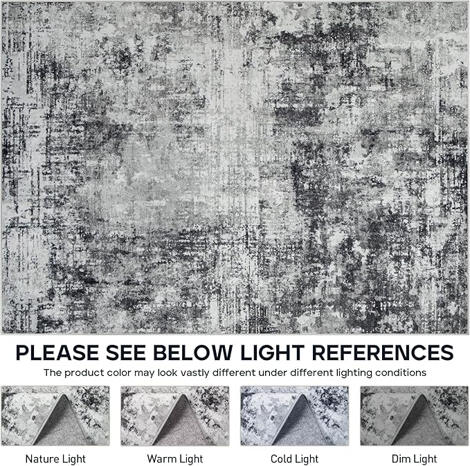 4x6 Area Rugs for Living Room Rug Washable: Modern Large Rug for Dining Room Bedroom Carpet Non Slip Low Pile 4 by 6 Indoor Abstract Nursery Home Office Black Grey-CubbioJoy