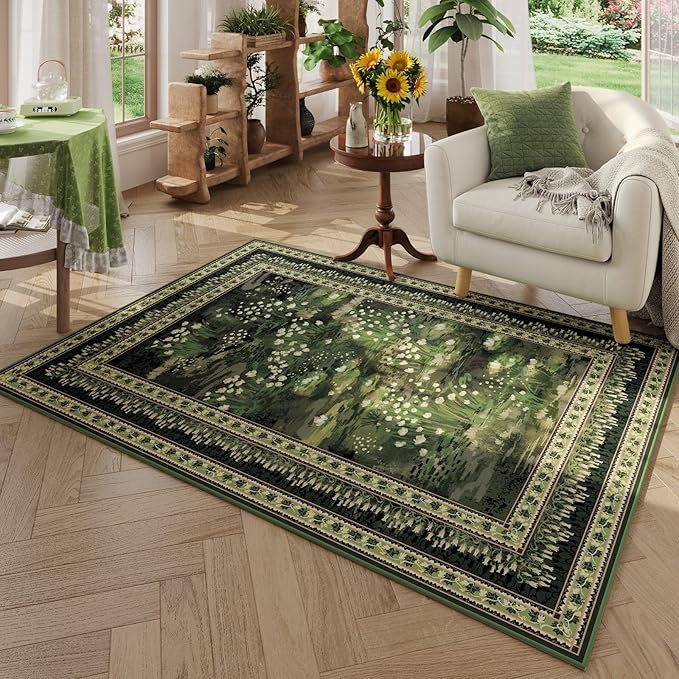 3x5 Washable Rug Impressionist-Style Vintage Non Slip Low Pile Small Carpet for Bedroom Bedside Kitchen Entryway Kids Room Office College Dorm Essentials for Girls, Green-CubbioJoy