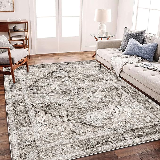 Area Rug 6'x9' Deep Khaki Washable Vintage Traditional Floor Cover Thin Retro Kitchen Indoor Distressed Non Slip Carpet for Living Room Bedroom Dining Room-CubbioJoy