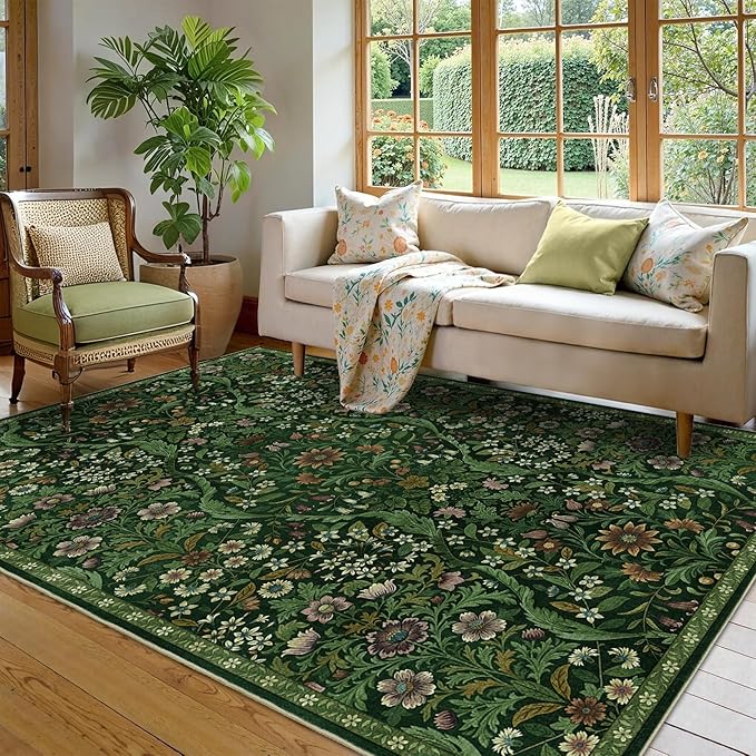 5×7 Dark Green Washable Floral Area Rug,Vintage Boho Soft Low-Pile Living Room Rugs, Stain Resistant Botanical Non-Slip Carpet for Bedroom,Dining Room, Kids Nursery,Home Decor-CubbioJoy