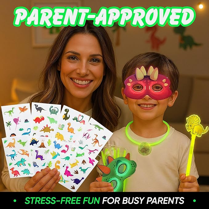 Dinosaur Party Favors Pack – Glow in the Dark Party Supplies | 6 Dinosaur Masks, 6 Bracelets, 6 Necklaces, 6 Wands, 42 Dino Glow Sticks & 80 Stickers | Birthday Classroom Halloween Trick or Treat-CubbioJoy