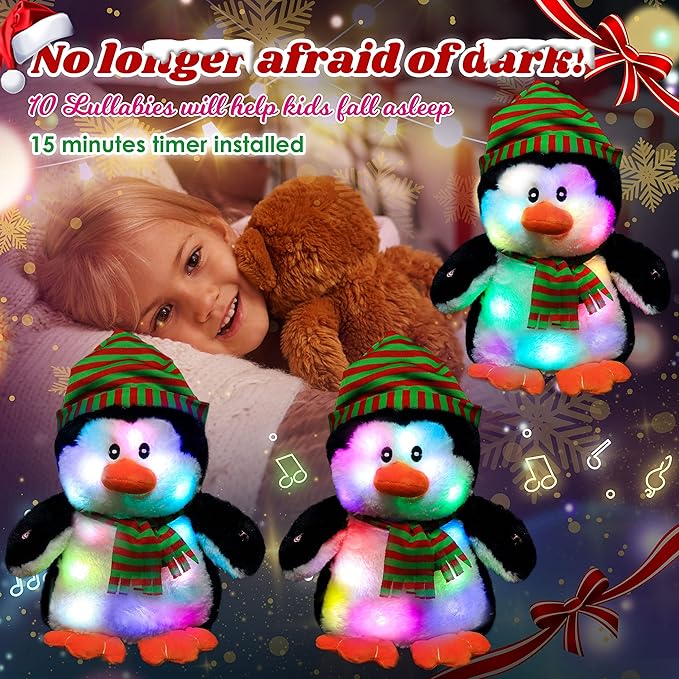 Cuteoy Light-up Singing Plush Penguin LED Musical Stuffed Animal Adjustable Volume Lullaby Plushies Birthday Christmas Toy Gifts for Kids Toddler Girls, 11"-CubbioJoy