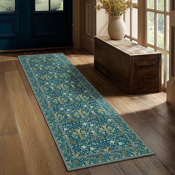 Joydeco Washable 2x6 Rug Runners for Hallways Non Slip, Boho Floral Bathroom Rug Runner, Soft Botanical Forest Indoor Floor Throw Carpet for Kitchen Laundry Room Entryway, Dark Blue-CubbioJoy