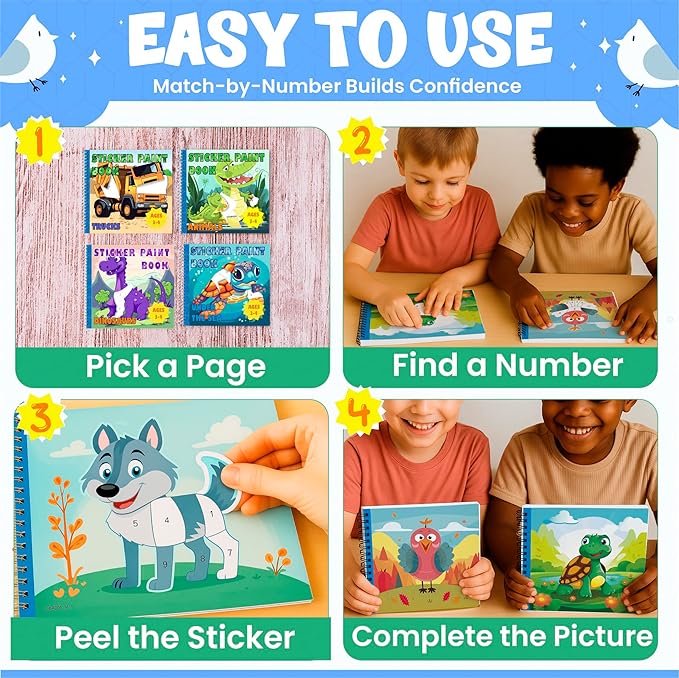 BulbaCraft 4Pcs Sticker Paint Books for Boys - Sticker Books by Number with Dinosaurs, Trucks, Animals and Under The Sea - Coloring Activity for Kids-CubbioJoy