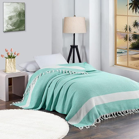 Breathable Bedspread Woven Blanket Extra Large Lightweight Soft Cooling for Hot Sleeper Throw Tween Queen Full Size Quilt Thin Comforter Summer Ice Cold Sheet Boho Bed Decor Bedroom Decorative Green-CubbioJoy