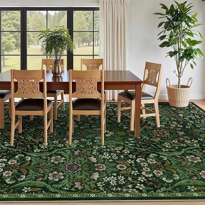 8x10 Washable Area Rug for Living Room, Large Vintage Dark Green Floral Rugs, Soft Non-Slip Stain Resistant Boho Lightweight Carpet for Bedroom Dining Room Nursery Home Office-CubbioJoy