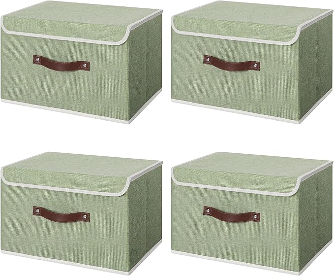ANMINY 4PCS Storage Bins with Lid PU Leather Handles Storage Boxes PP Plastic Board Decorative Foldable Lidded Cotton Linen Fabric Home Cubes Baskets Closet Organizer Containers - Green, Large Size-CubbioJoy