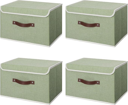 ANMINY 4PCS Storage Bins with Lid PU Leather Handles Storage Boxes PP Plastic Board Decorative Foldable Lidded Cotton Linen Fabric Home Cubes Baskets Closet Organizer Containers - Green, Large Size-CubbioJoy