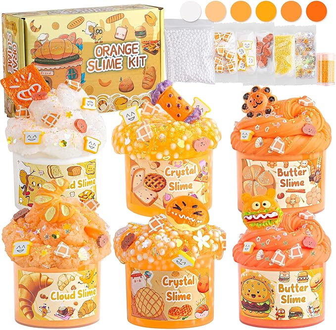 6 Packs Gradient Orange Slime Kit - Cloud Slime, Butter Slime & Clear Slime, Crunchy Slime for Kids with Various Slime Add-ins, Non Stick Slime Party Favors for Girls and Boys, 360ml Kids Slime(Bread)-CubbioJoy