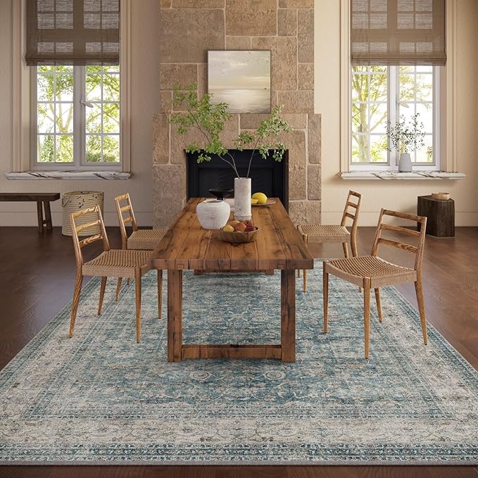 Area Rugs 10x14 Living Room: Washable Rugs for Bedroom Vintage Stain Resistant Non Slip Low Pile Large Boho Carpet for Kitchen Dining Room Farmhouse Kids Room Nursery-CubbioJoy