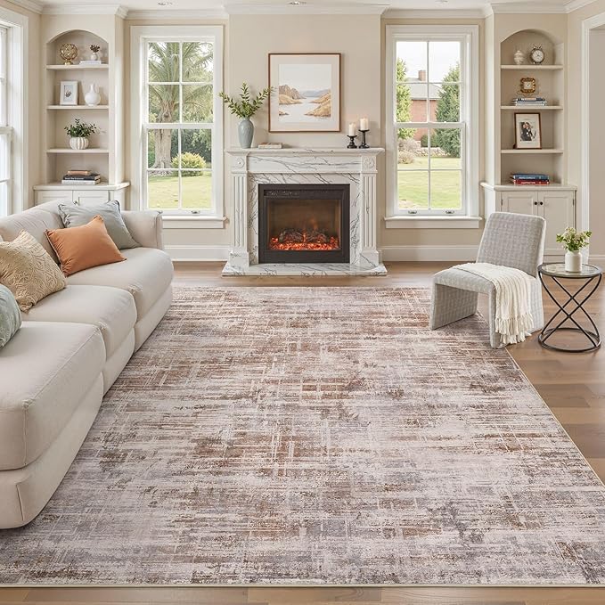 Area Rug for Living Room: 10x14 Washable Neutral Abstract Modern Soft Rugs Non Slip Indoor Floor Stain Resistant Large Carpet for Bedroom Dining Room Office Nursery - Red Brown-CubbioJoy