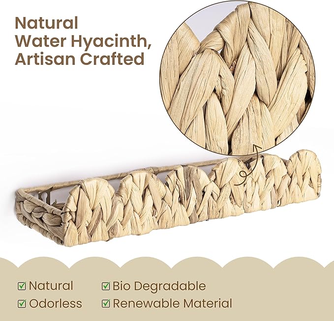 AELS Scalloped Nursery Bookshelf, Set of 2, Picture Ledge Shelf for Wall Decor, Woven Natural Water Hyacinth Floating Shelves for Books, Toys, Photo Frames, Nursery, Boho Modern Farmhouse Book Shelf-CubbioJoy