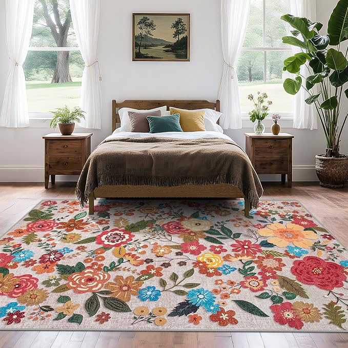 Area Rug Living Room Rugs: 6x9 Washable Rug Vintage Floral Soft Boho Non Slip Carpet Indoor Floor Non Shedding Low Pile Thin Carpets for Bedroom Dining Room Farmhouse Nursery Home Office Beige-CubbioJoy