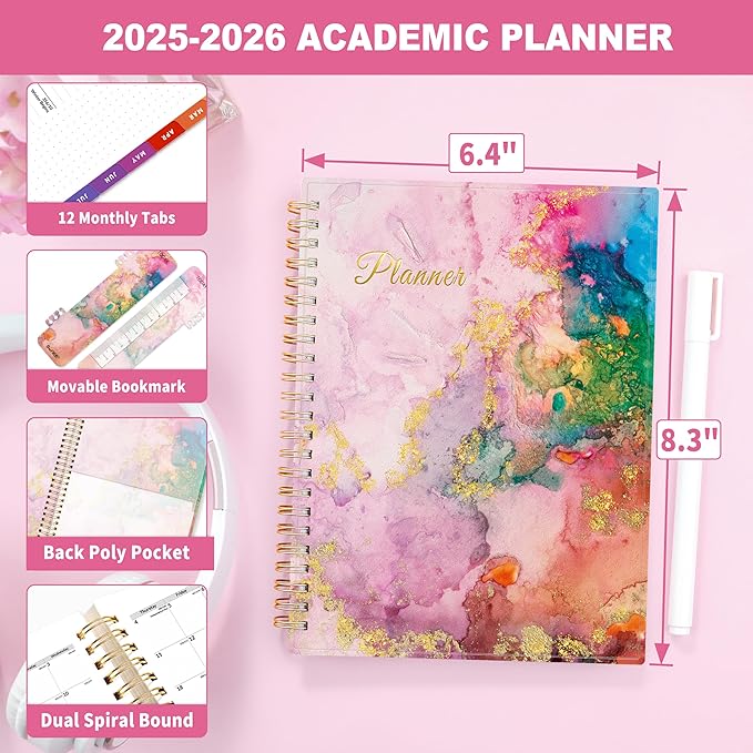 SUNEE Academic Planner 2025-2026 Weekly and Monthly - from July 2025 to June 2026, 6.4"x8.3" School Year Calendar Daily Planner with Monthly Tab, Flexible Cover, Note Pages, Spiral Binding, Marble-CubbioJoy