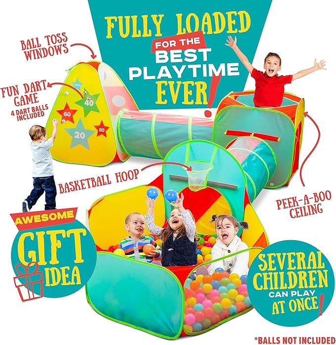 5pc Kids Play Tent for Toddlers with Ball Pit, Crawl Tunnel, Indoor & Outdoor Playhouse, Jungle Gym, Toys for Boys & Girls, Includes Dart Balls, Teepee & Basketball Hoops-CubbioJoy