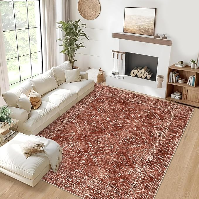 COZYLOOM 6x9 Washable Rug Modern Indoor Area Rug for Living Room or Bedroom Softness Foldable Mat for Easy Storage Abstract Geometric Design Non Slip Rug Low Pile Stain Resistant Carpet, Brick Red-CubbioJoy
