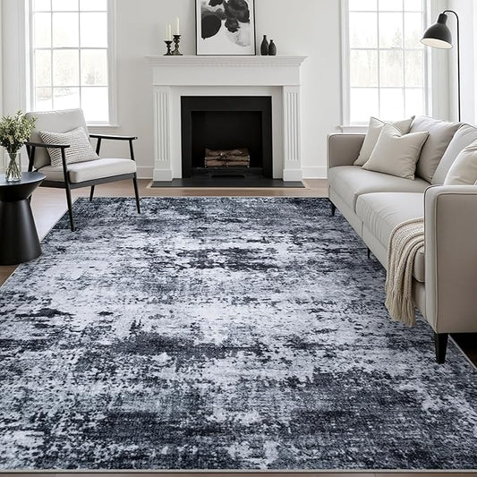 8x10 Area Rug Living Room Rug: Washable Modern Abstract Soft Thin Rug Indoor Floor No Slip Stain Resistant Carpet for Bedroom Dining Room Farmhouse Nursery Home Office - Black-CubbioJoy