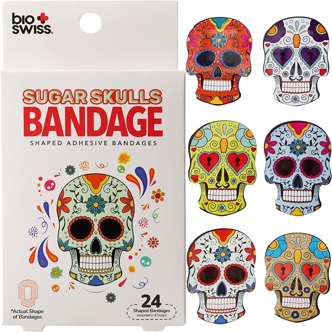 BioSwiss Bandages, Sugar Skull Shaped Self Adhesive Bandage, Latex Free Sterile Wound Care, Fun First Aid Kit Supplies for Kids, 24 Count-CubbioJoy