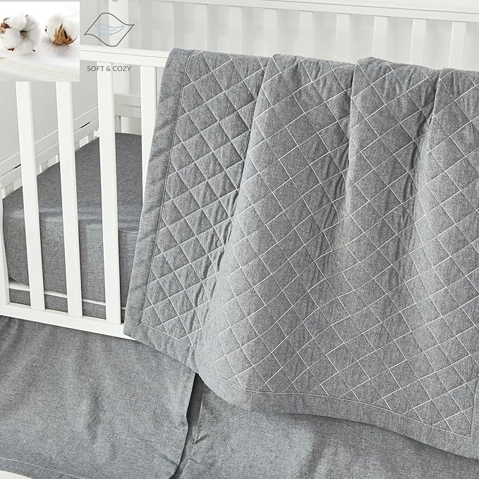 Brandream Gender Neutral Baby Crib Bedding Set 3 Pieces 100% Cotton Like Linen Supersoft Classic Quilted Plaid Design Boho Bohemian Farmhouse Chic Nursery Decor (Gray)-CubbioJoy